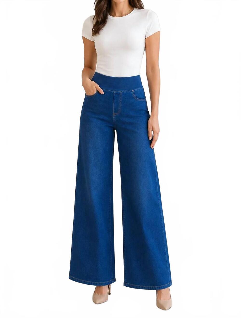 NEW CHARLIE B women's denim pull on wide leg pants in blue